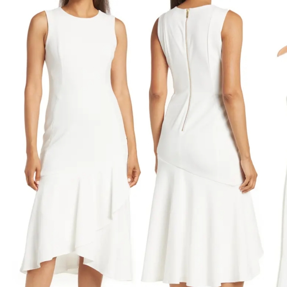 Calvin klein white dress Asymmetrical ruffle midi dress sleeveless size 16 new